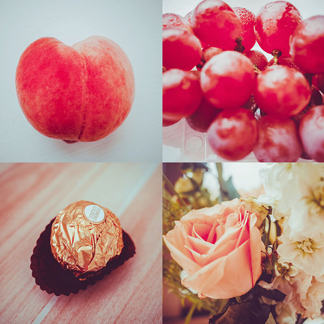 Heart-shaped peaches, chocolate, flowers, grapes,